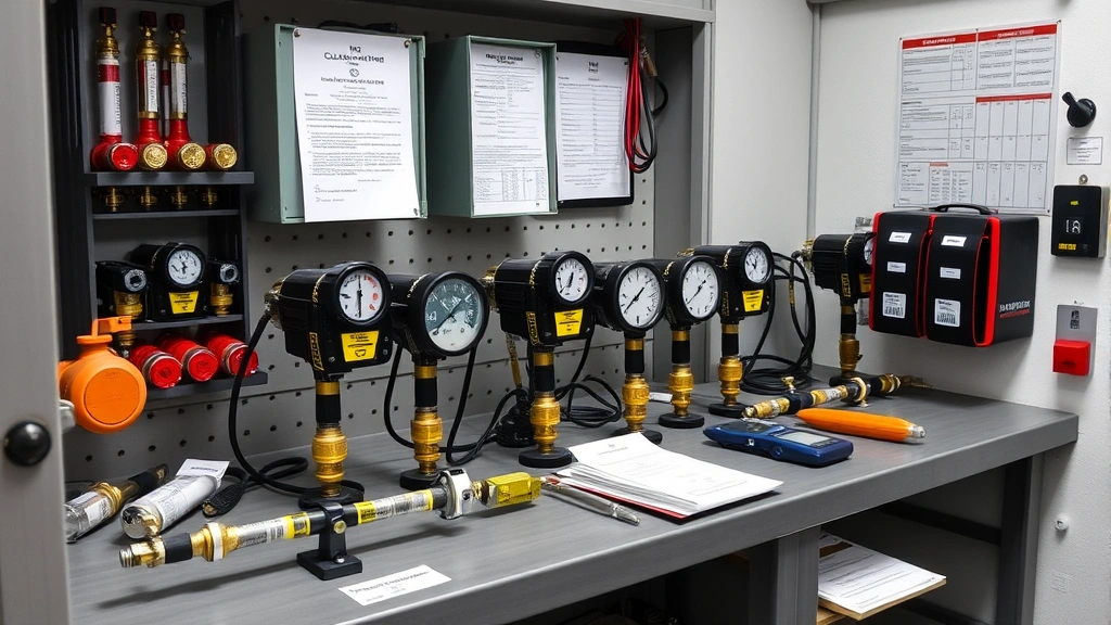 Organized industrial safety equipment storage area showing multiple gas detection devices on calibration workbench with flow meters, regulators, and documentation logs, clean professional environment emphasizing equipment maintenance