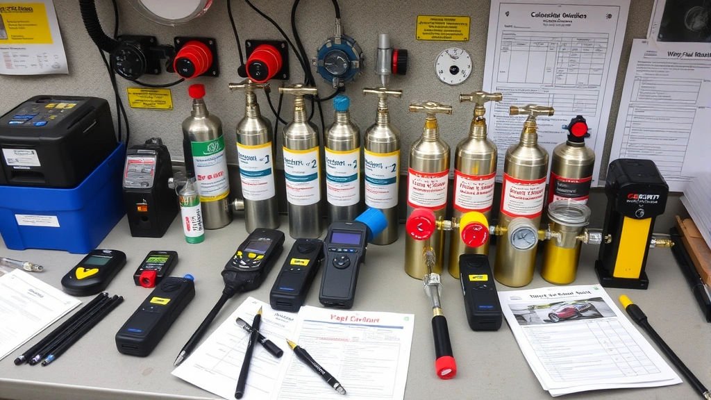 Array of various gas detection equipment including portable detectors, calibration cylinders with color-coded caps, regulators, and documentation forms organized on workbench, professional maintenance setup