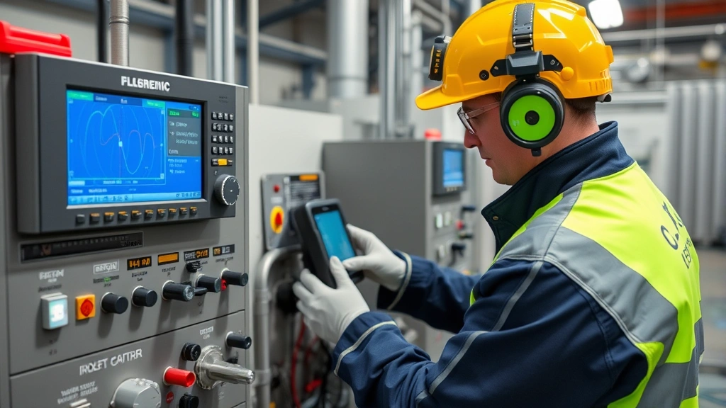 Technician performing maintenance on gas detector calibration equipment in controlled indoor facility, showing precision instrumentation and monitoring displays