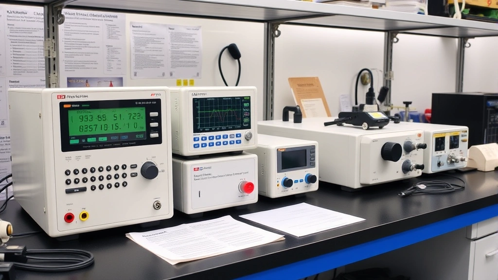 Calibration equipment display showing digital readouts and sensor modules, technical precision instruments arranged on laboratory workbench with documentation