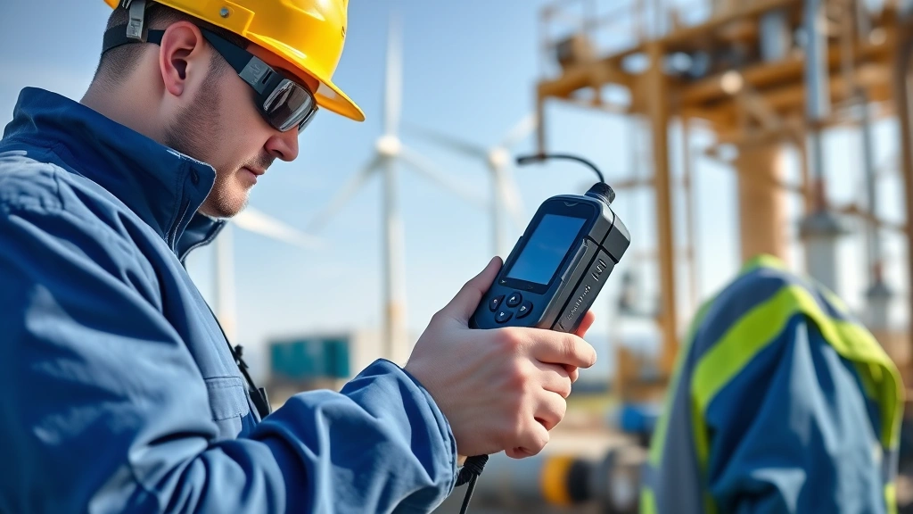 Environmental monitoring technician using portable gas detector in outdoor industrial facility with wind turbines visible in background, demonstrating real-world safety and sustainability integration in workplace operations