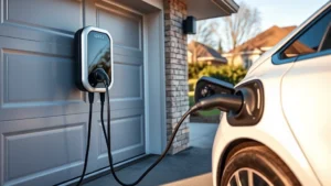 Professional electric vehicle plugged into a modern Level 2 home charging station mounted on a residential garage exterior, showing cable connection details, afternoon sunlight casting shadows, suburban driveway setting, photorealistic quality