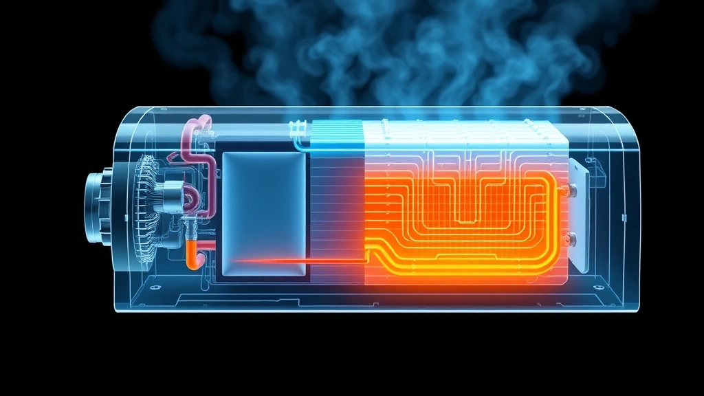 Cross-section technical illustration style photograph of EV battery thermal management system with cooling lines, showing heat dissipation, blue and orange color tones indicating temperature zones, engineering precision visible, photorealistic rendering