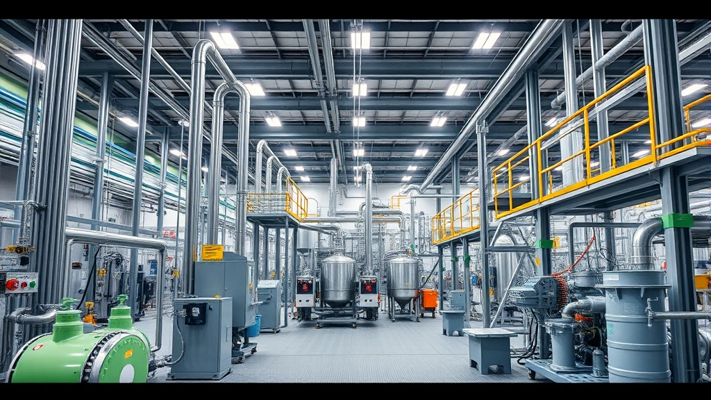 Sustainable chemical manufacturing facility with green technology and safety equipment, modern industrial plant with environmental monitoring systems and worker protection measures, photorealistic clean production environment