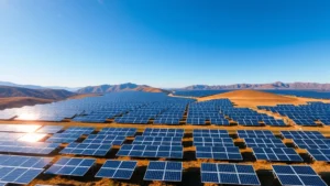 Vast solar panel farm stretching across rolling hills under bright blue sky, photorealistic landscape with clean energy infrastructure