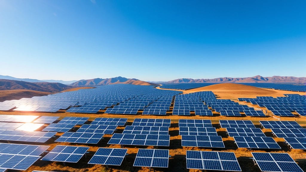 Vast solar panel farm stretching across rolling hills under bright blue sky, photorealistic landscape with clean energy infrastructure