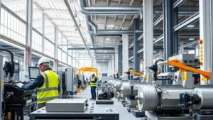 Modern manufacturing facility with advanced safety equipment, workers in protective gear operating machinery, clean bright industrial workspace with visible ventilation systems and safety signage, natural lighting