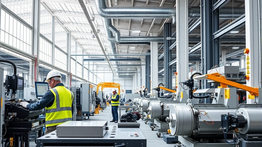 Modern manufacturing facility with advanced safety equipment, workers in protective gear operating machinery, clean bright industrial workspace with visible ventilation systems and safety signage, natural lighting
