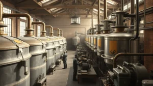 Historical industrial chemical manufacturing facility from 1920s-1930s era, showing large metal tanks and distillation equipment, vintage machinery and workers in period clothing conducting legitimate pest control chemical production, photorealistic, documentary style, no text or labels visible