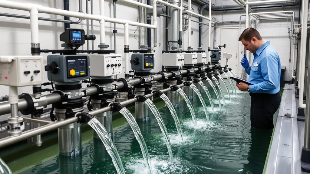 Water treatment facility with filtration systems and monitoring equipment, clean water flowing through transparent pipes, technician checking water quality, environmental monitoring in action
