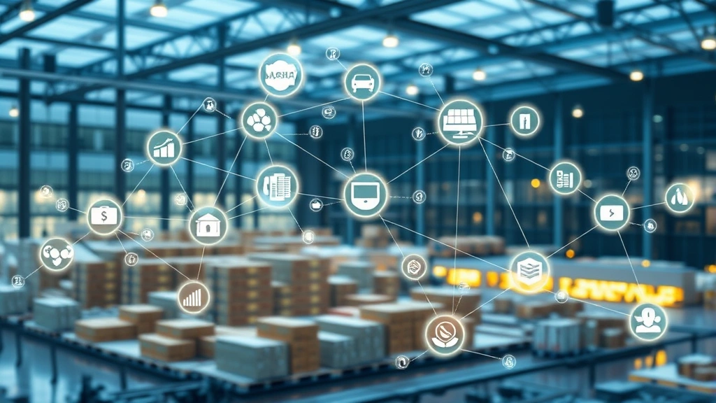 Modern sustainable supply chain management visualization showing interconnected nodes representing companies, warehouses, and distribution networks with transparent data flows and audit checkpoints, professional corporate setting with sustainability metrics displayed, photorealistic digital illustration