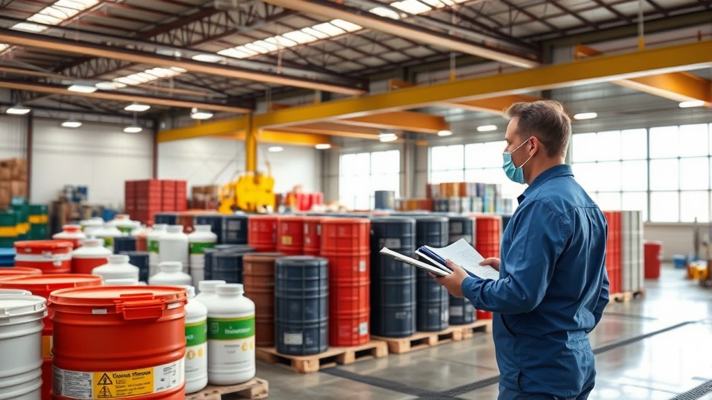 International chemical safety inspection and verification facility, regulatory oversight of hazardous materials with documentation and monitoring systems, professional inspectors examining chemical containers and supply chain records