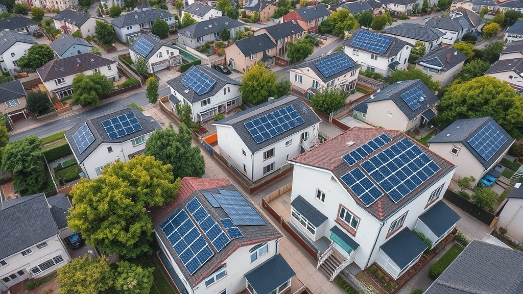 Aerial view of integrated solar rooftops on residential neighborhood buildings, distributed renewable energy in suburban community setting