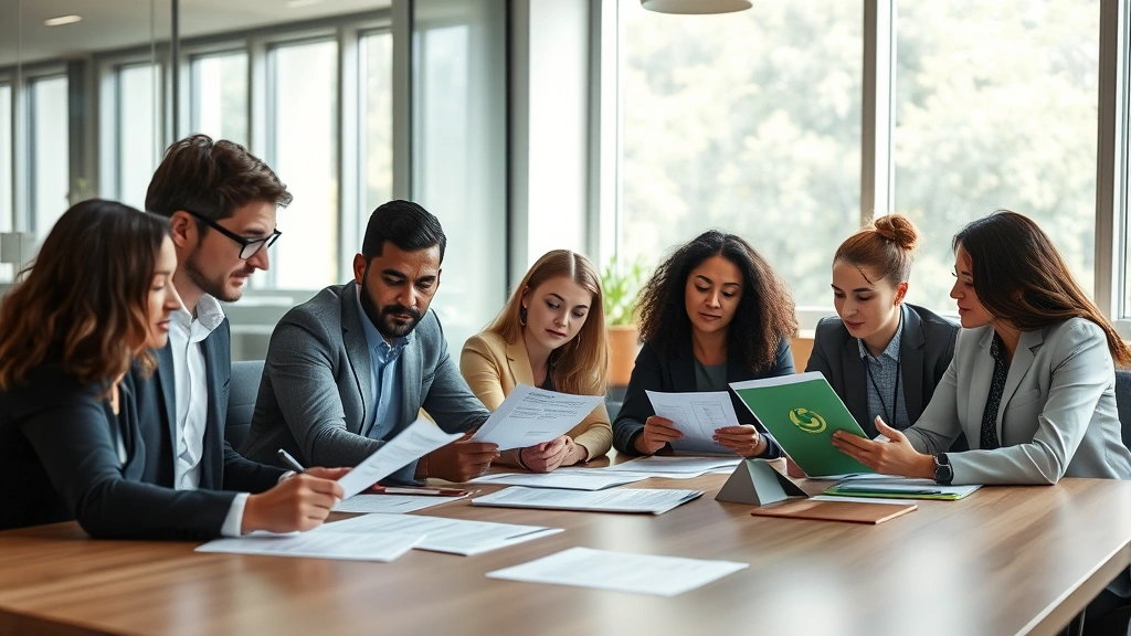 Contemporary corporate sustainability meeting with diverse professionals reviewing supply chain transparency documents, ethical sourcing certificates, and sustainability reports at a conference table, natural lighting, professional environment, no visible text on documents